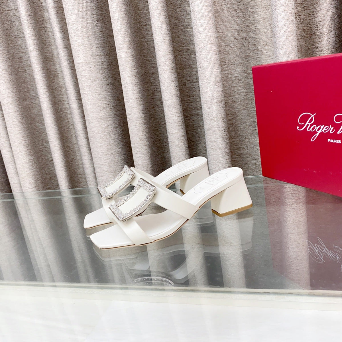 Viv 25 Diamond Mid Heel Slides White Cowhide 283040