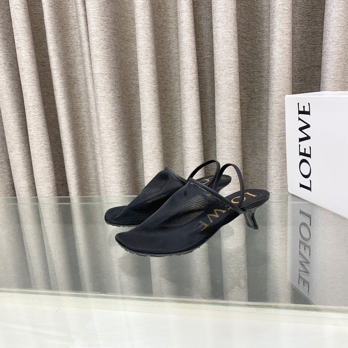 Loewe 25 Petal Slingback Black Mesh Sheepskin