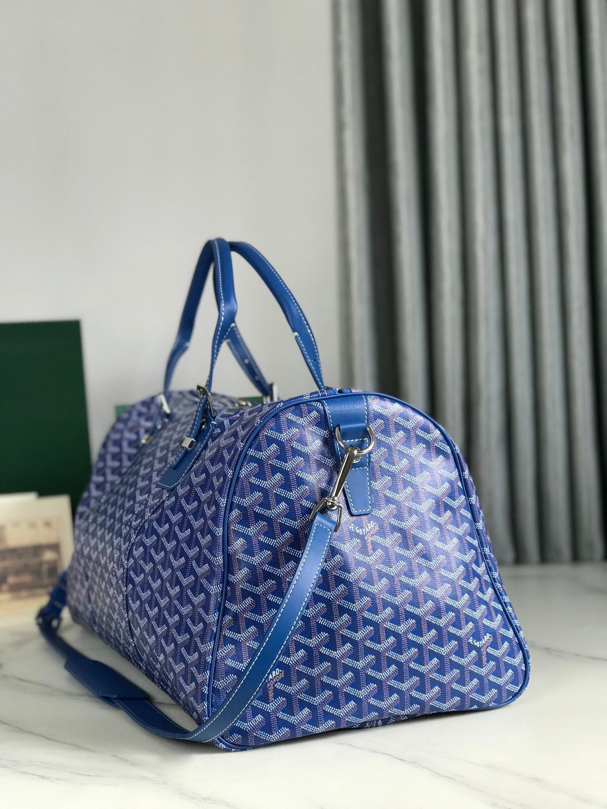 BOSTON 50 BAG IN SAPPHIRE BLUE GOYARDINE CANVAS AND CALFSKIN TRIM