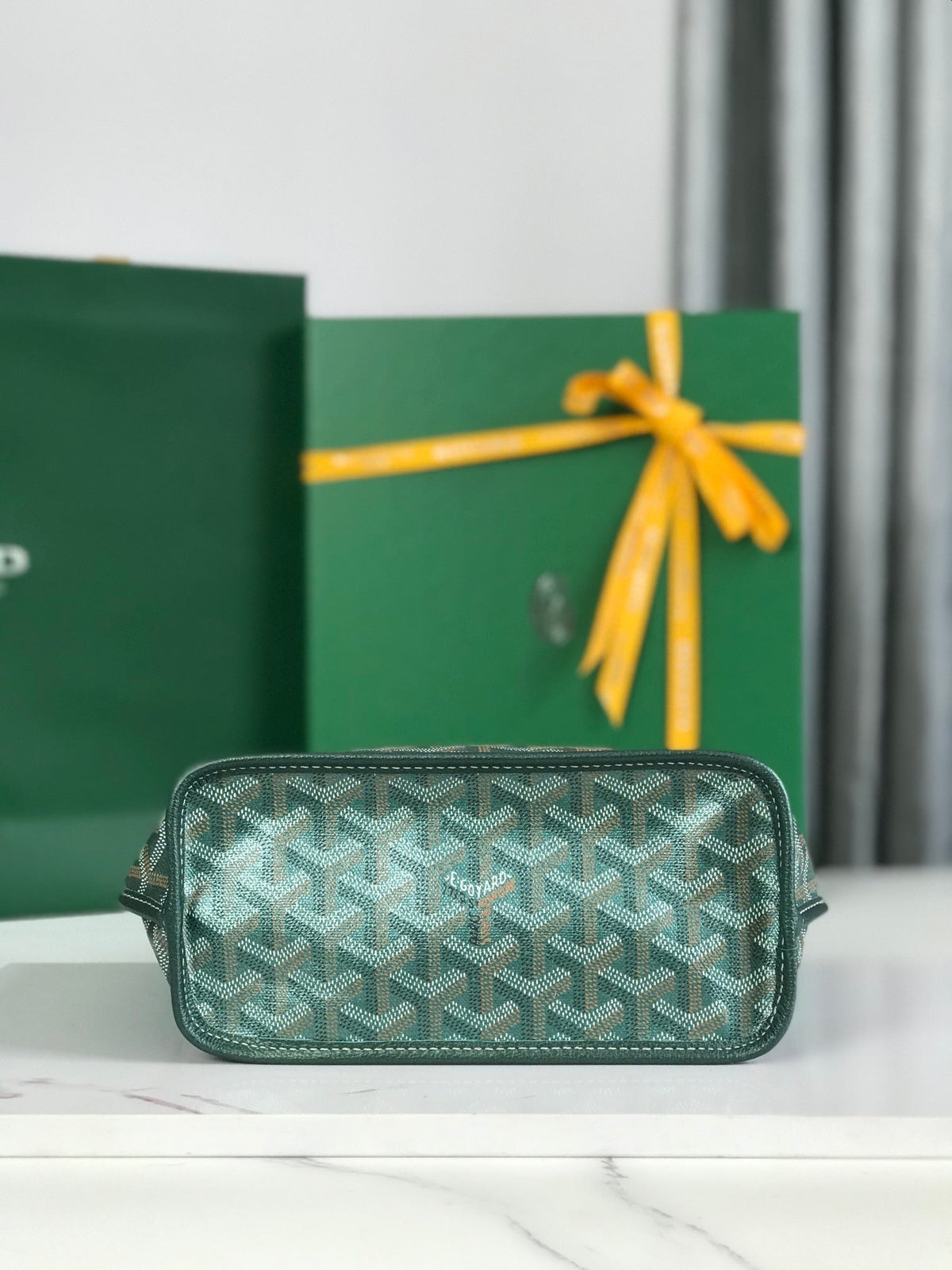 ANJOU MINI BAG 20 IN GREEN CALFSKIN AND GOYARDINE CANVAS