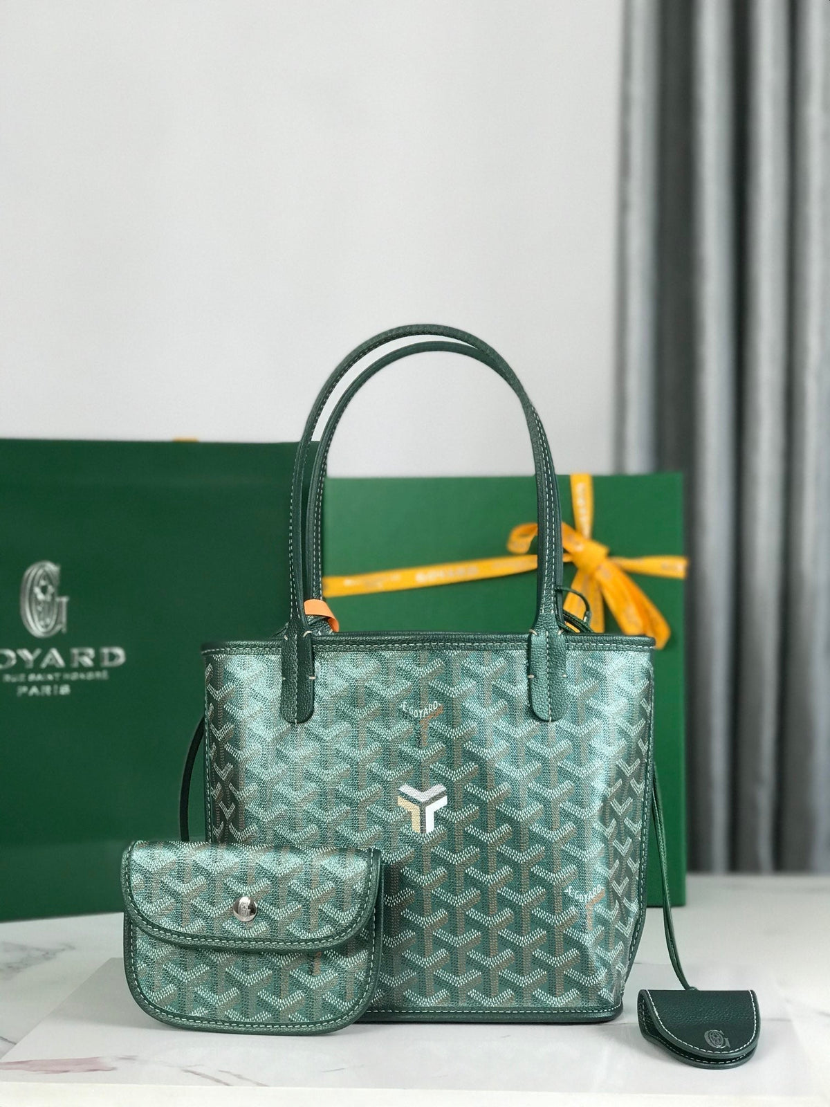 ANJOU MINI BAG 20 IN GREEN CALFSKIN AND GOYARDINE CANVAS