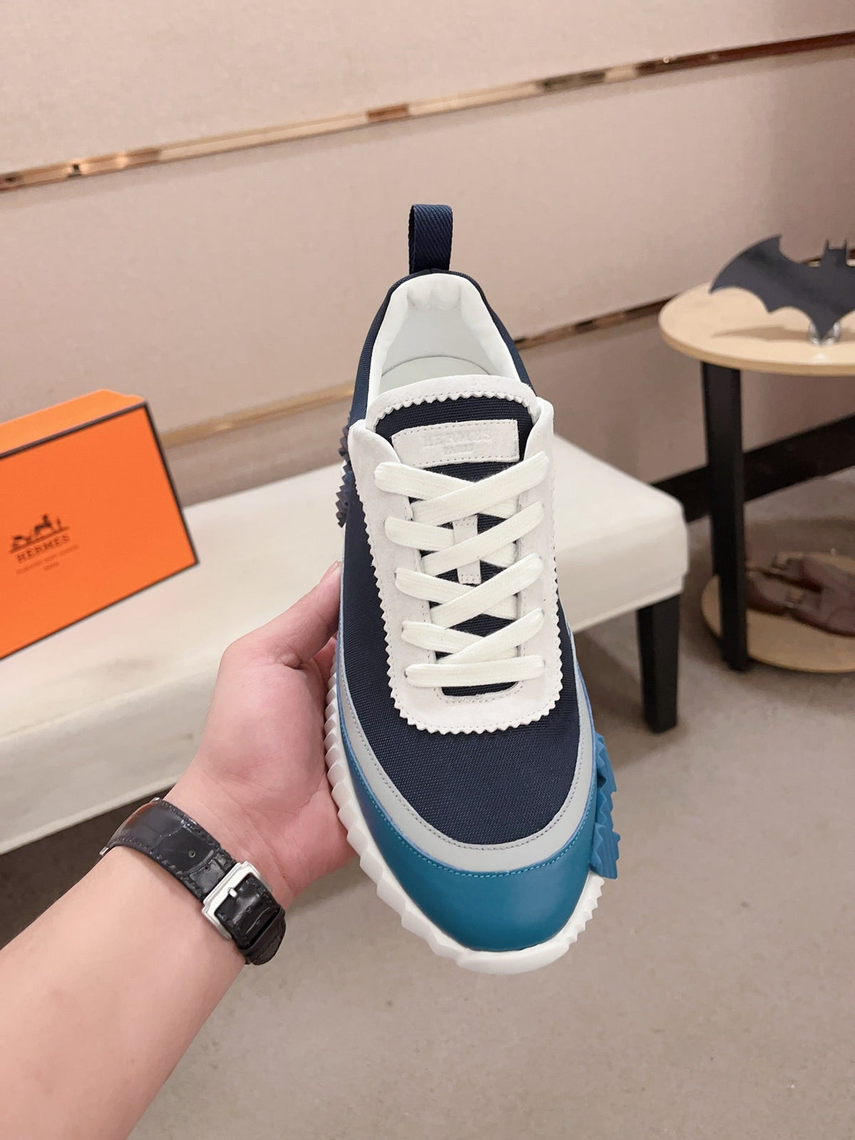 HM BOUNCING SNEAKER BLACK AND CERULEAN CALFSKIN