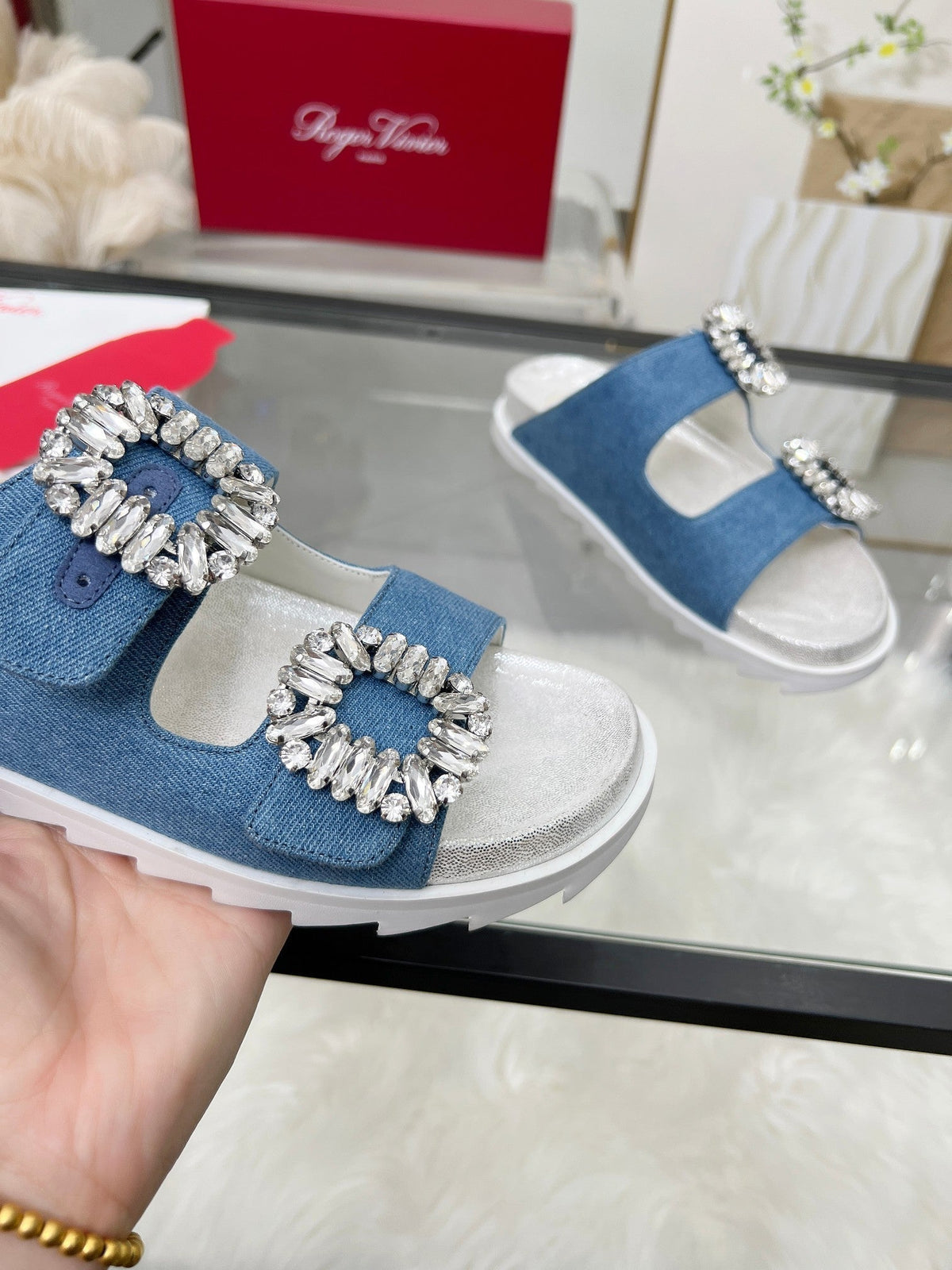 Viv 25 Slidy Slippers Blue PVC Silk Cowhide 259285