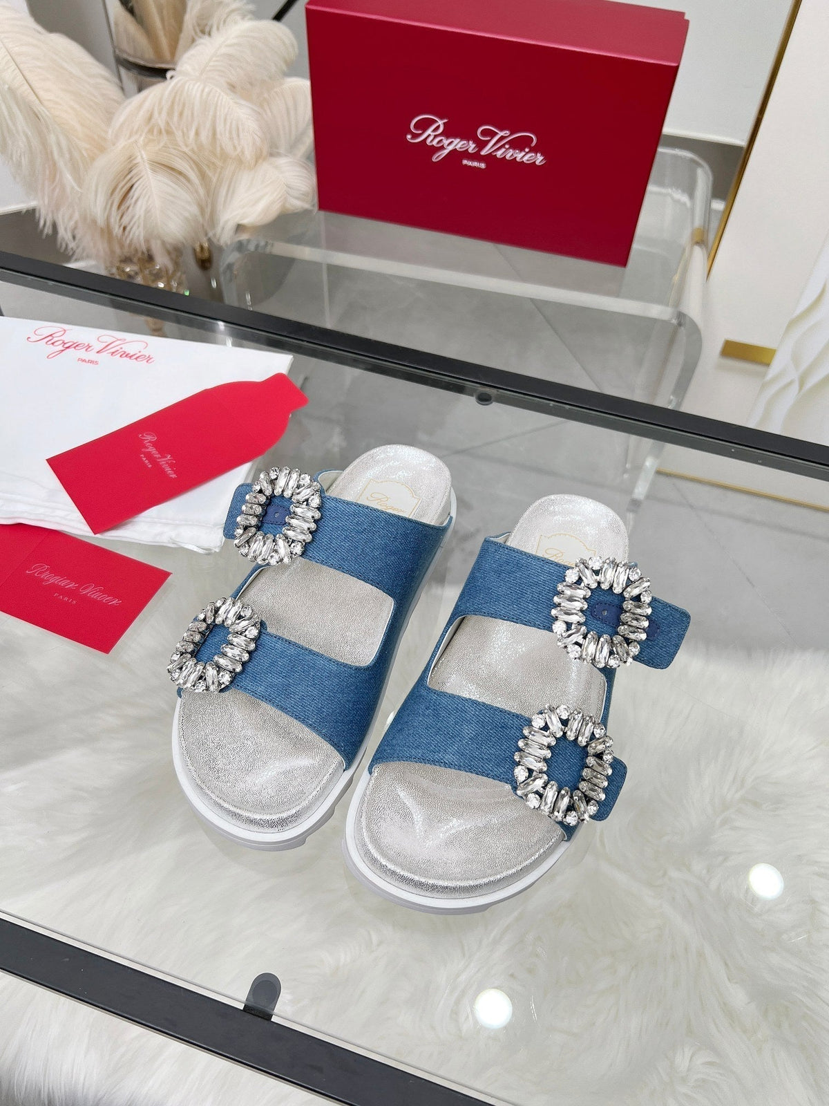 Viv 25 Slidy Slippers Blue PVC Silk Cowhide 259285