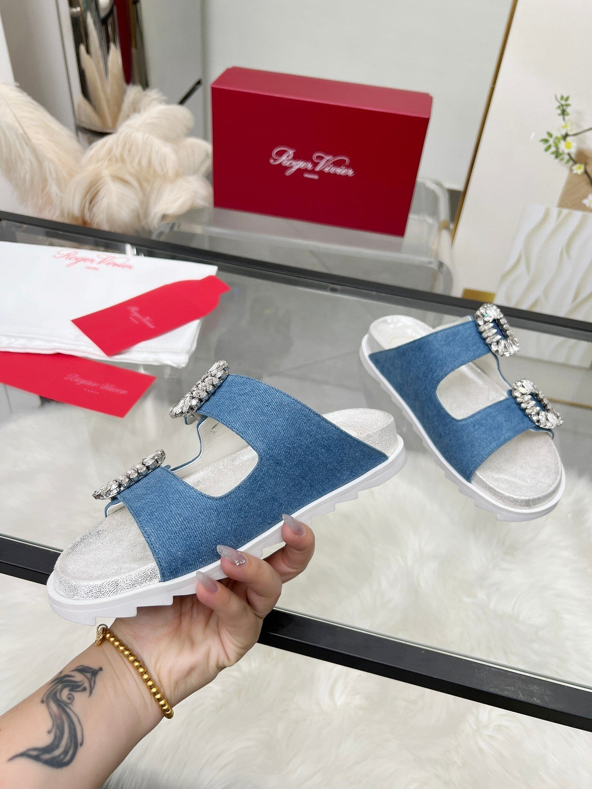 Viv 25 Slidy Slippers Blue PVC Silk Cowhide 259285