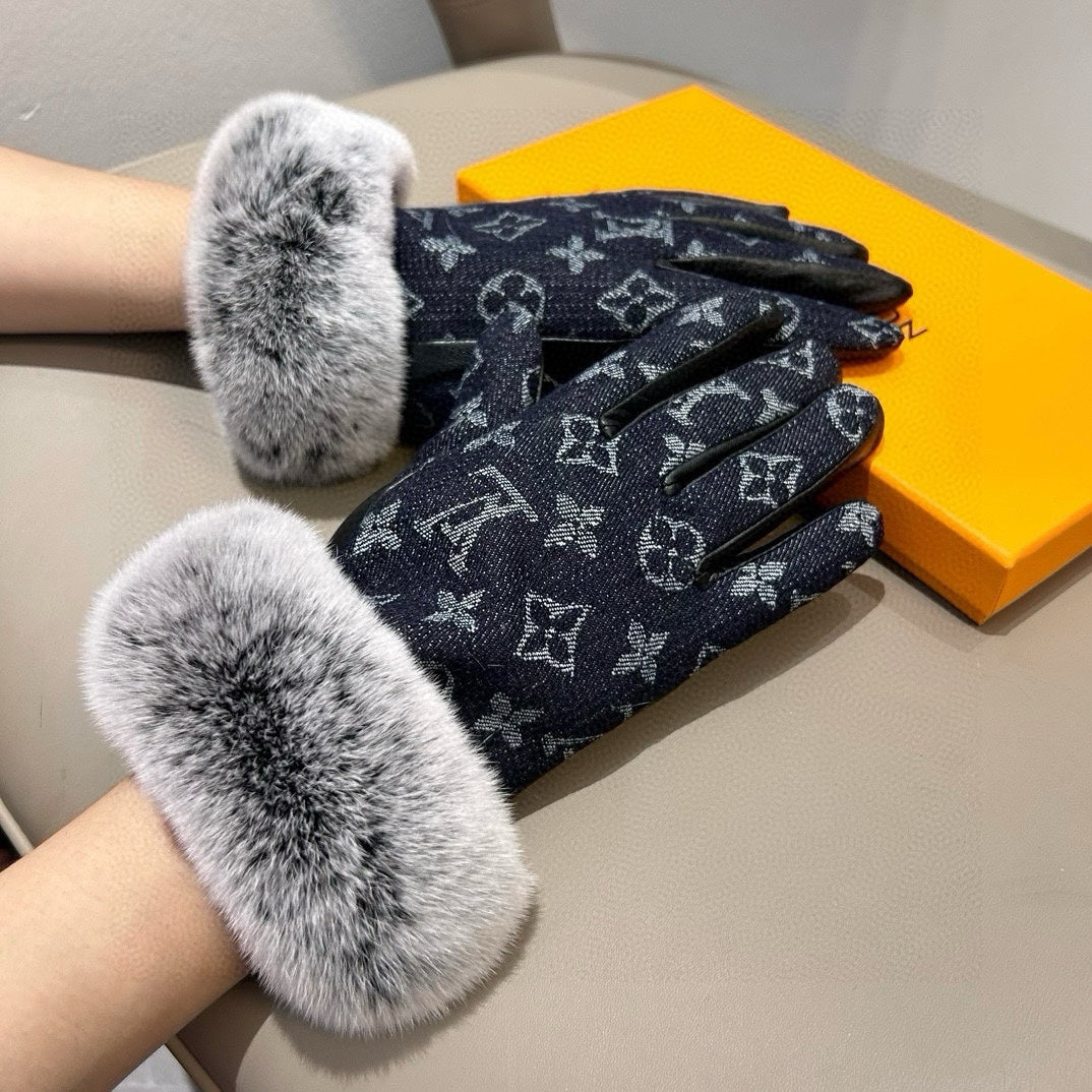 LV Gloves In Black Denim Fabric And Rabbit Fur 469630