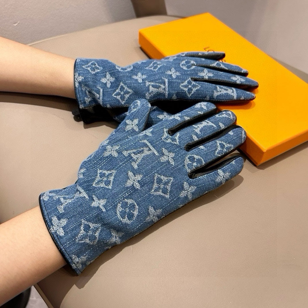 LV Gloves In Blue Denim Fabric And Lambskin 470709