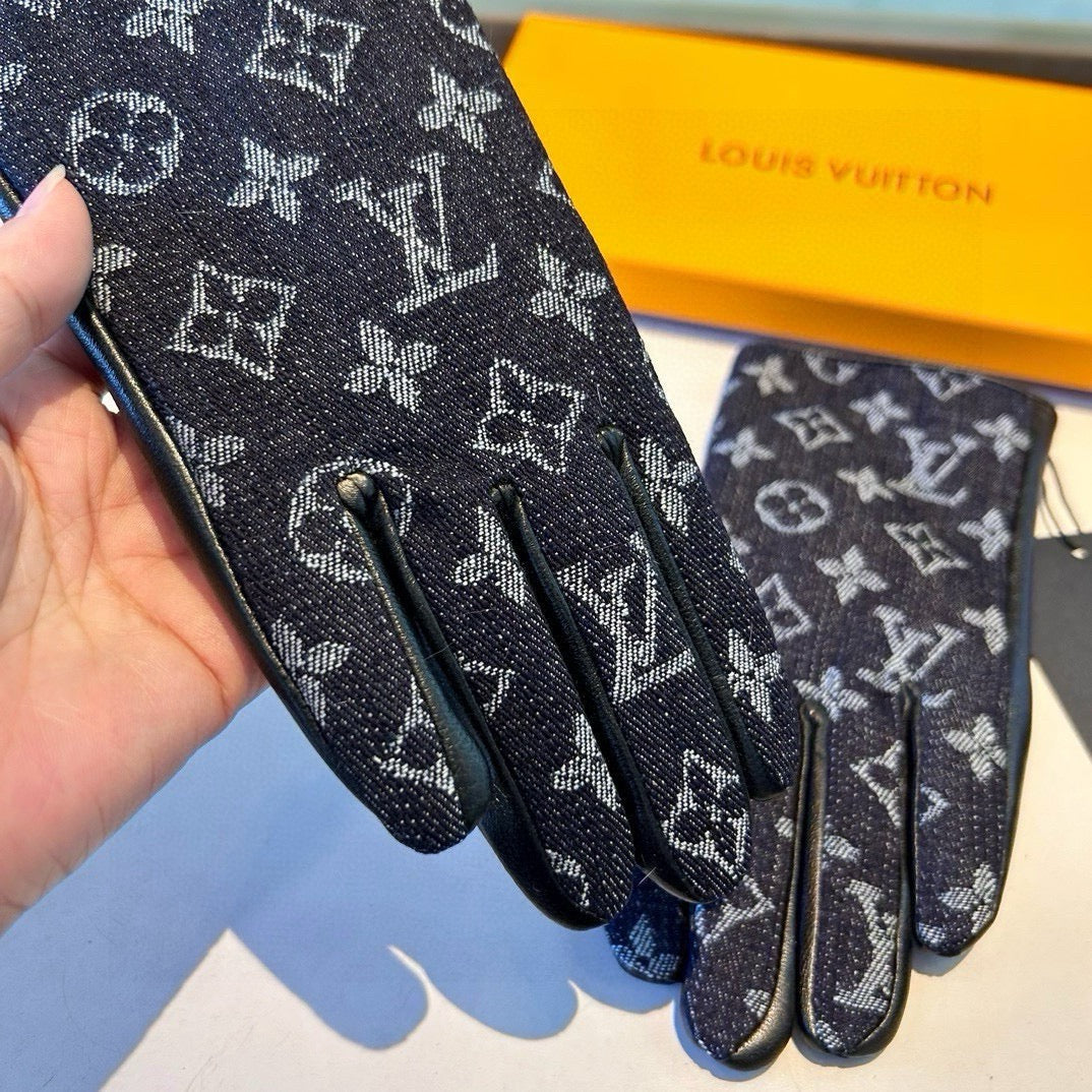 LV Gloves In Black Denim Fabric And Lambskin 470710