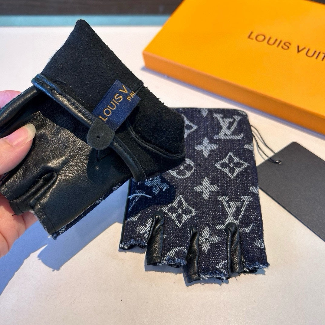 LV Gloves In Charcoal Blue Denim Fabric 473454