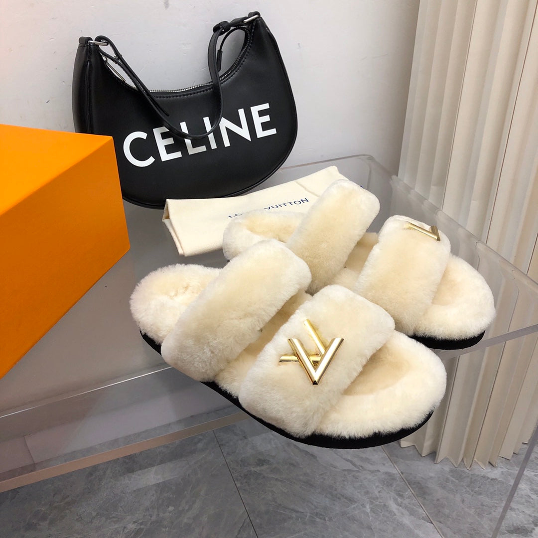 LV Sunset Comfort Flat Mule White Fleece