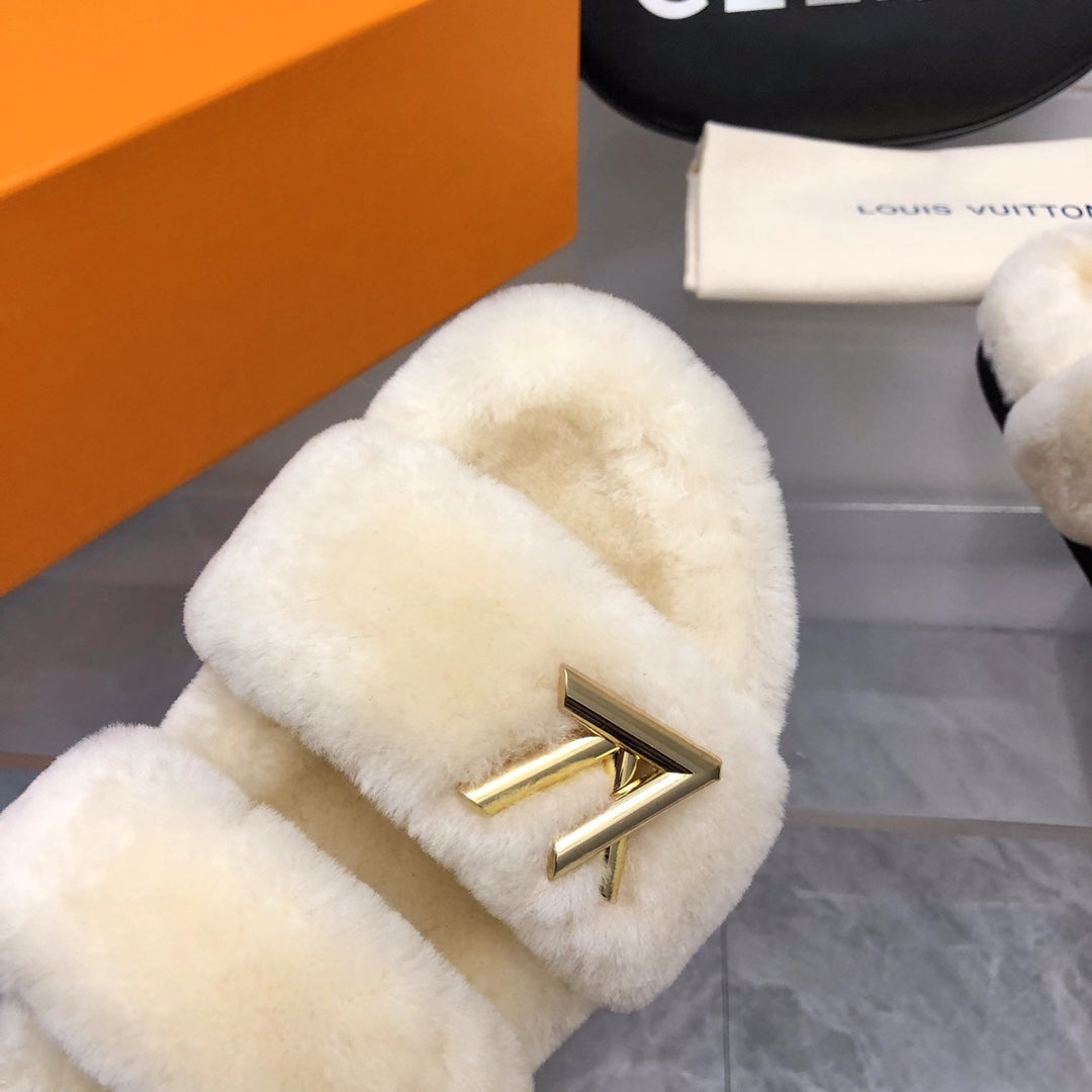 LV Sunset Comfort Flat Mule White Fleece