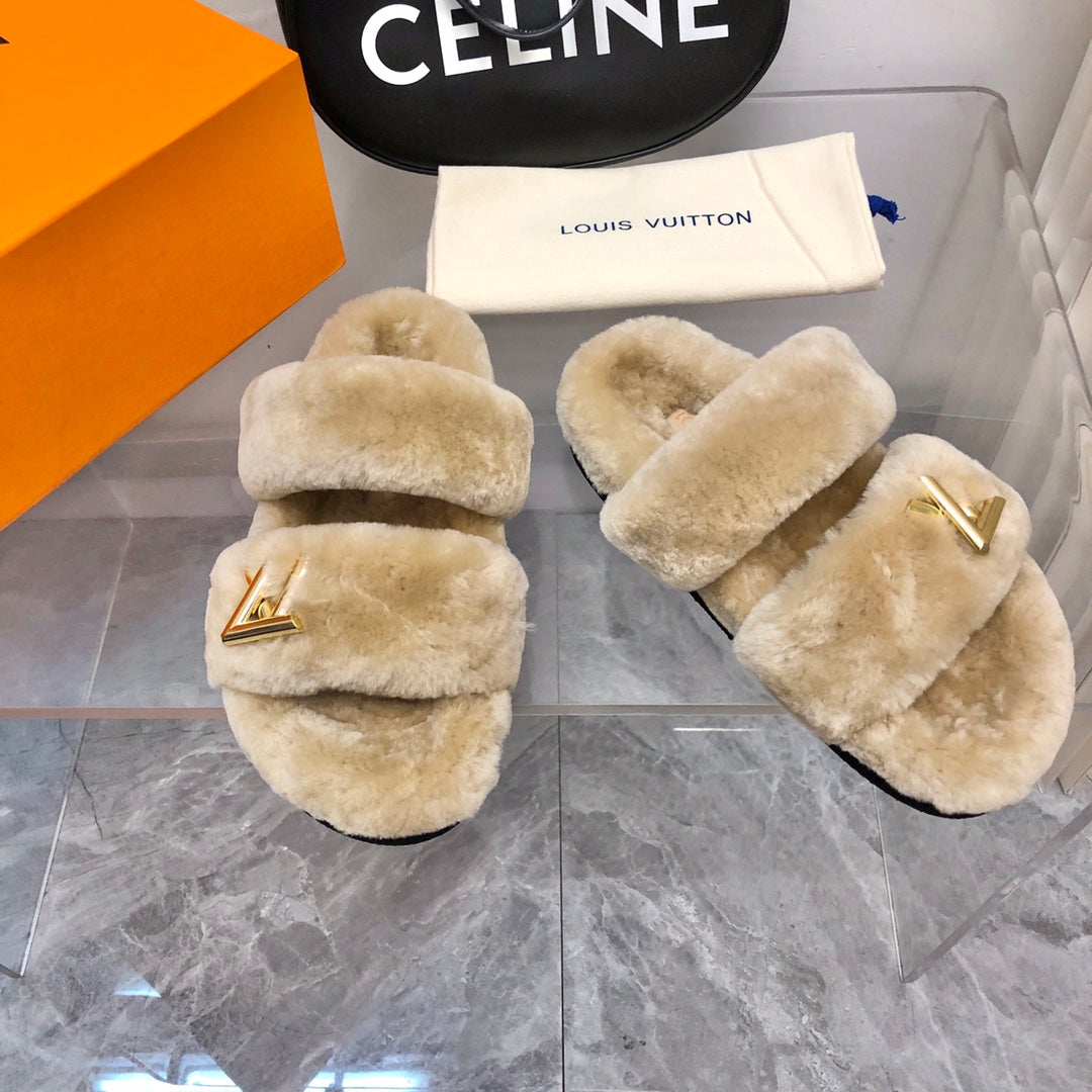 LV Sunset Comfort Flat Mule Light Brown Fleece