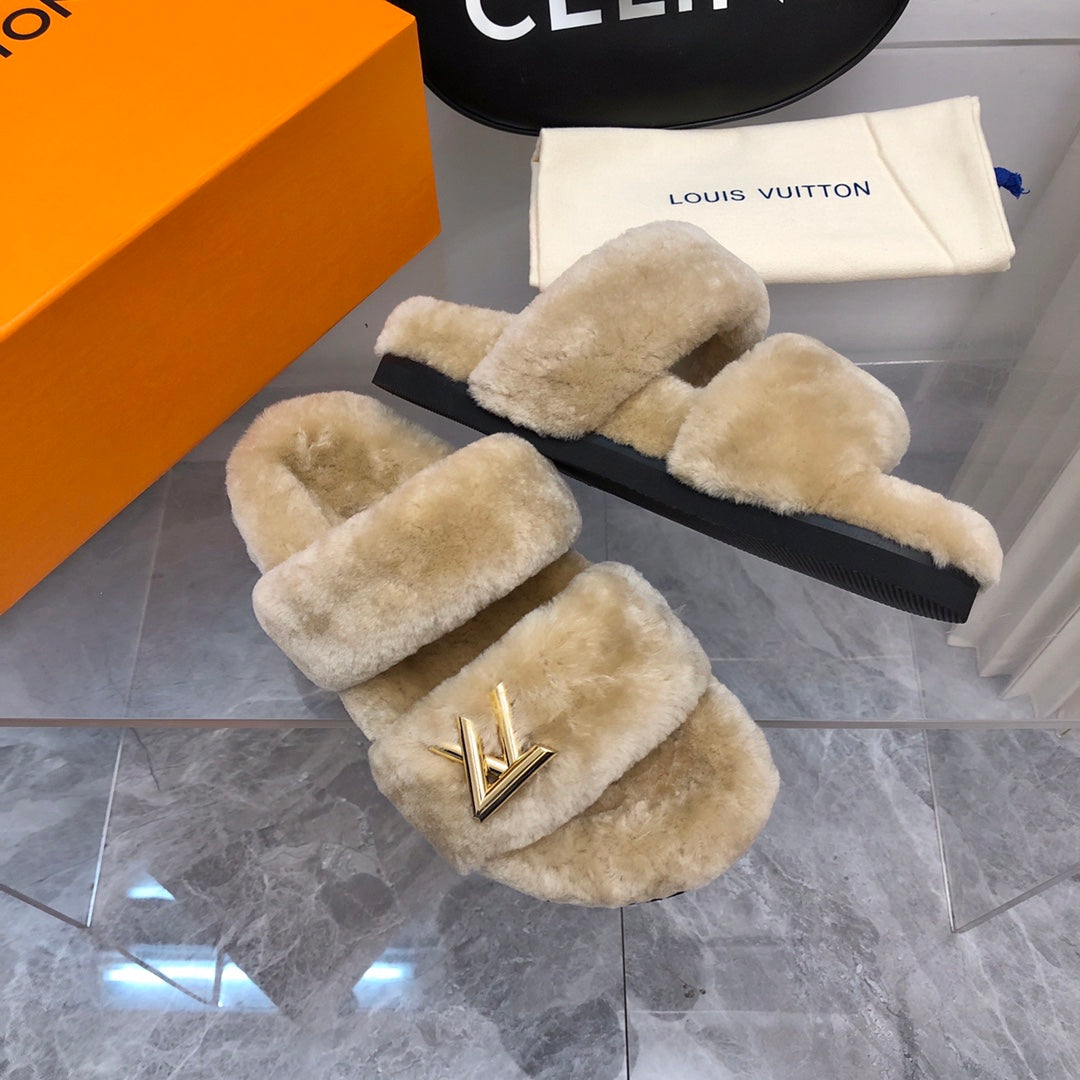 LV Sunset Comfort Flat Mule Light Brown Fleece