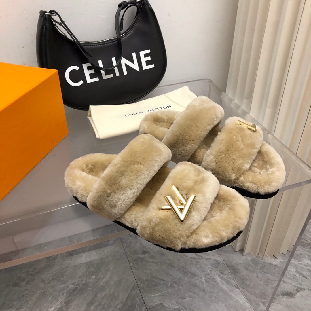 LV Sunset Comfort Flat Mule Light Brown Fleece
