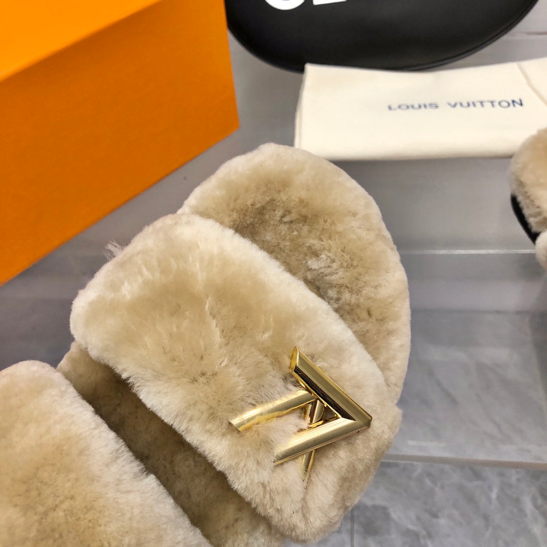 LV Sunset Comfort Flat Mule Light Brown Fleece