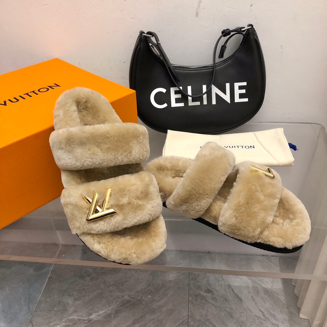 LV Sunset Comfort Flat Mule Light Brown Fleece