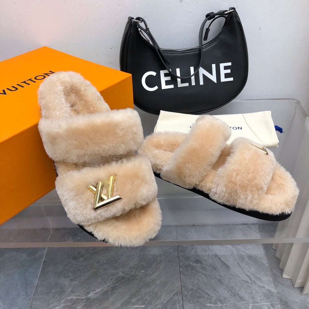 LV Sunset Comfort Flat Mule Beige Fleece