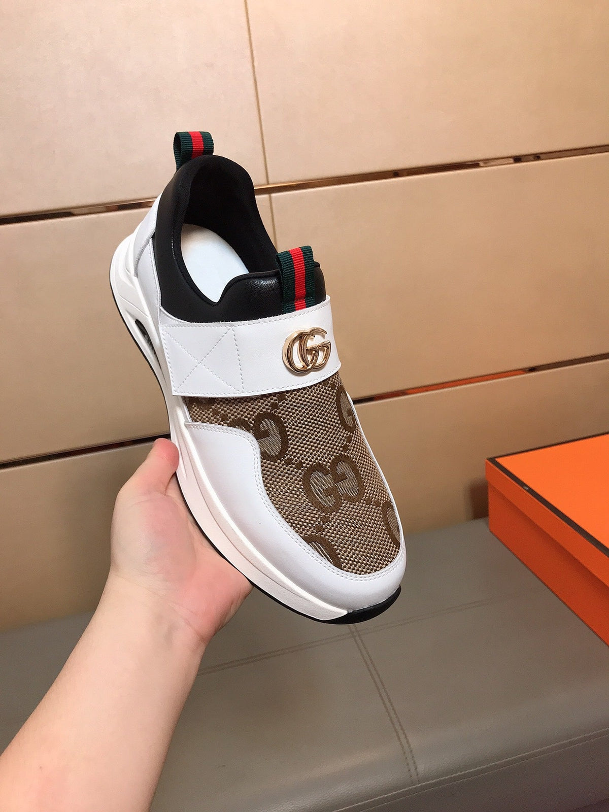 GG Men's Slip on White Brown Cowhide Canvas 530404