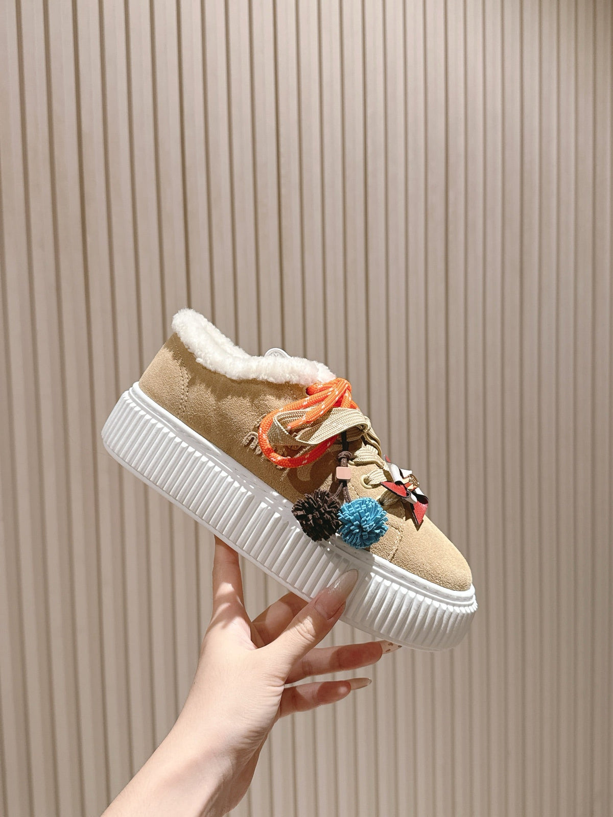 MIU MIU platform sneakers light beige suede wool 461861
