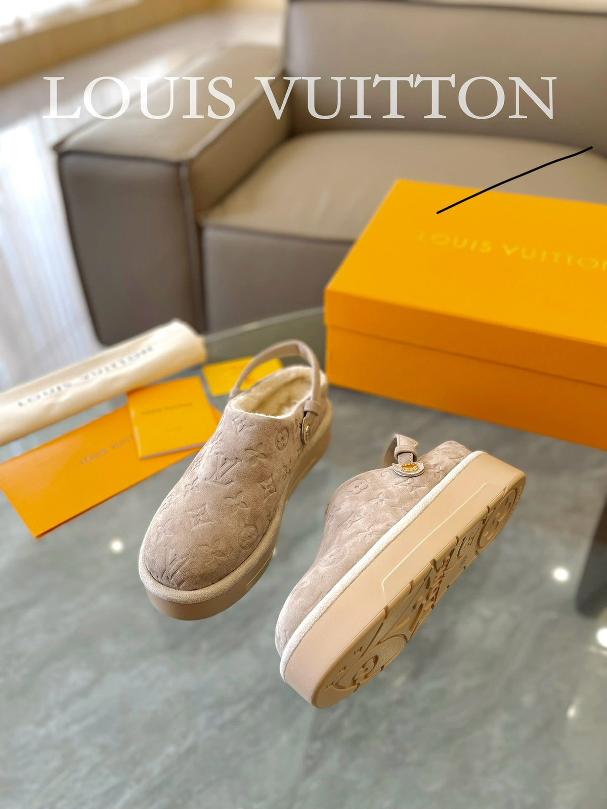 LV Aspen Platform Clog Beige Monogram Suede