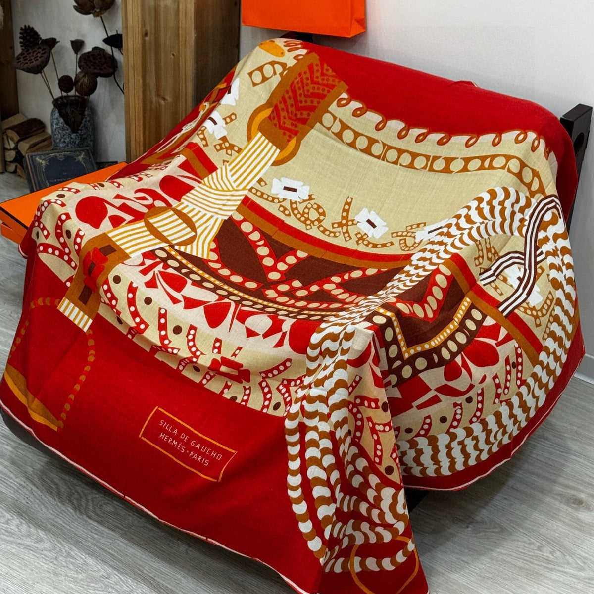 HM Dressage Tressage 140 CM Red Beige Colorful Cashmere And Silk 293232