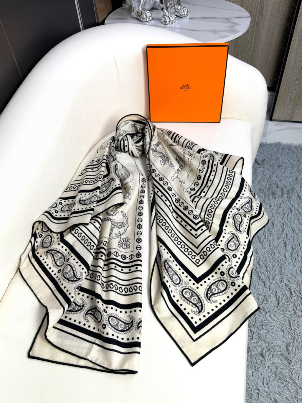Tatouages Marins Bandana Shawl 135 CM Black White Cashmere And Silk 401091