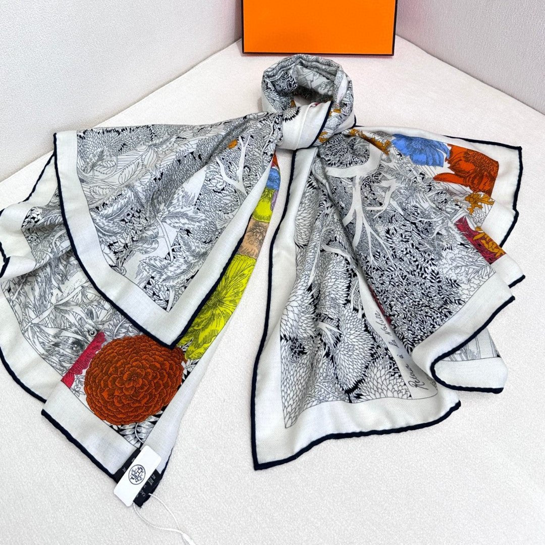 Retour A La Nature Shawl 135CM In Black White Colorful Cashmere And Silk