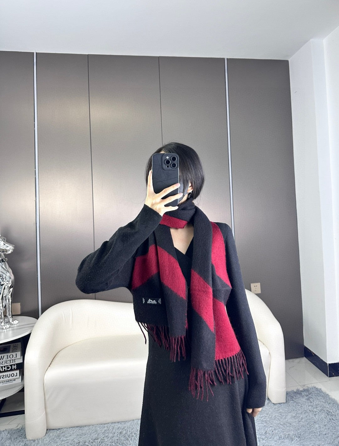 Scarf 190 CM Dark Red Mix Black Wool Soft
