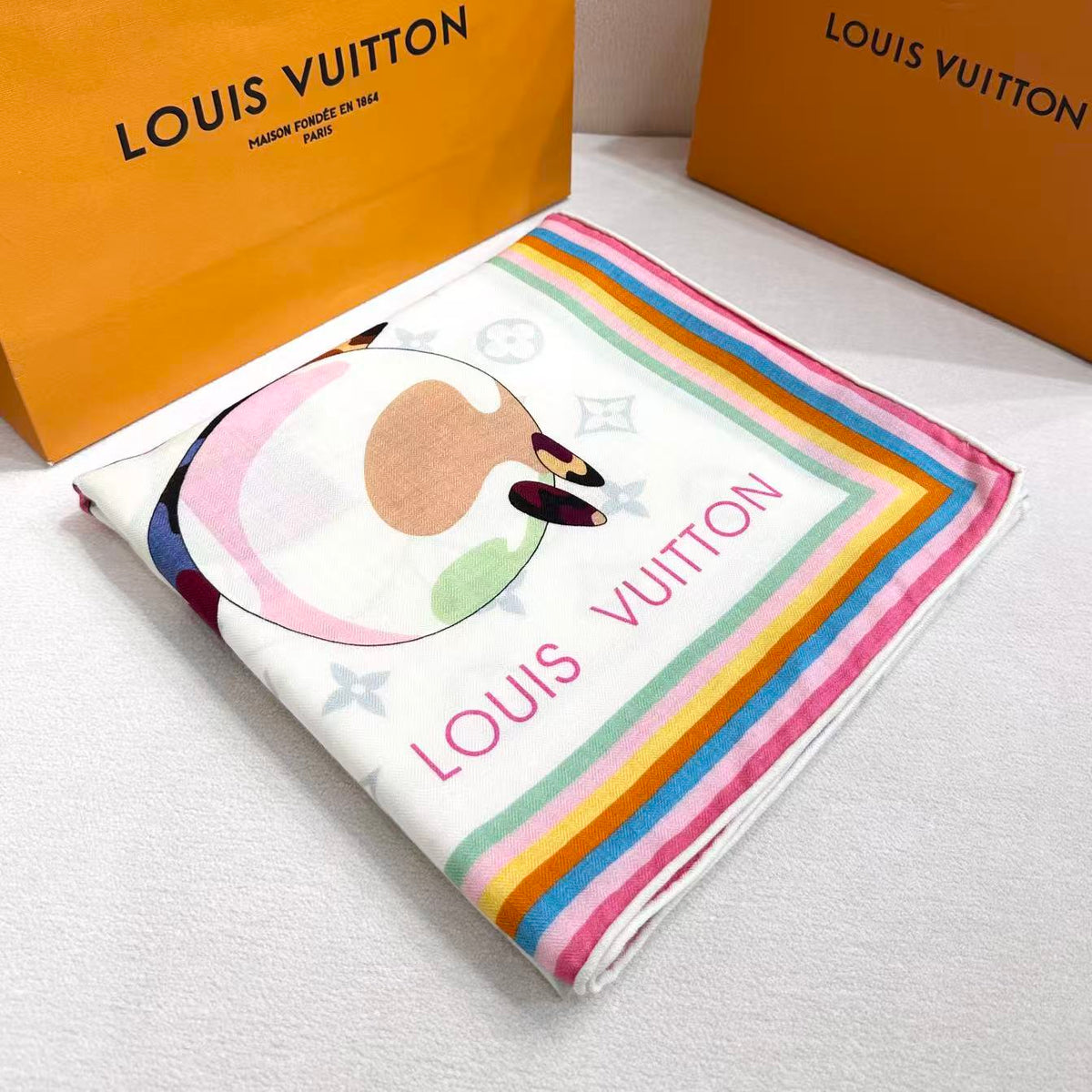 LV x TM SUPERFLAT 140cm White Multicolor Silk Wool 978742