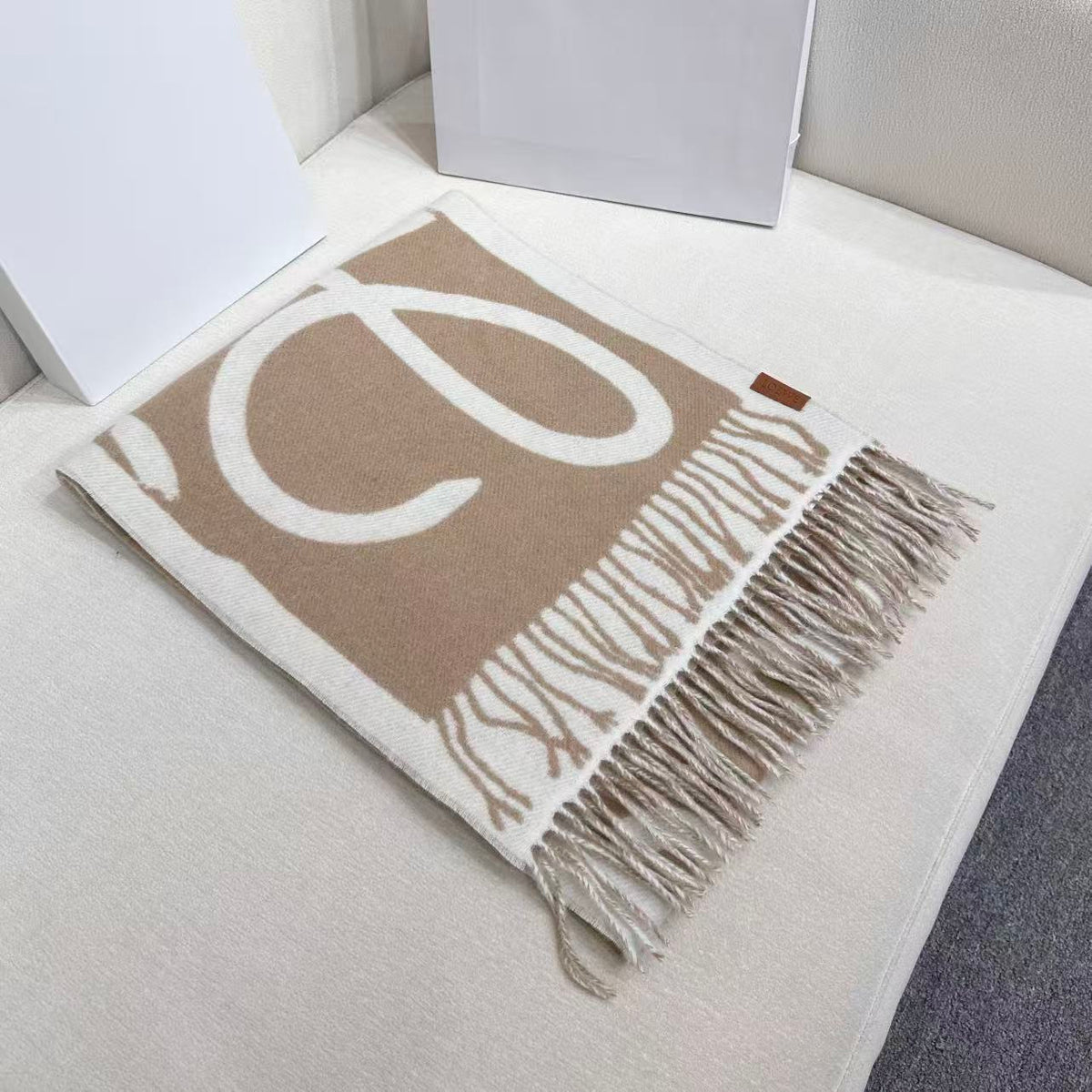 Loewe Scarf 180CM Beige White Cashmere 962789