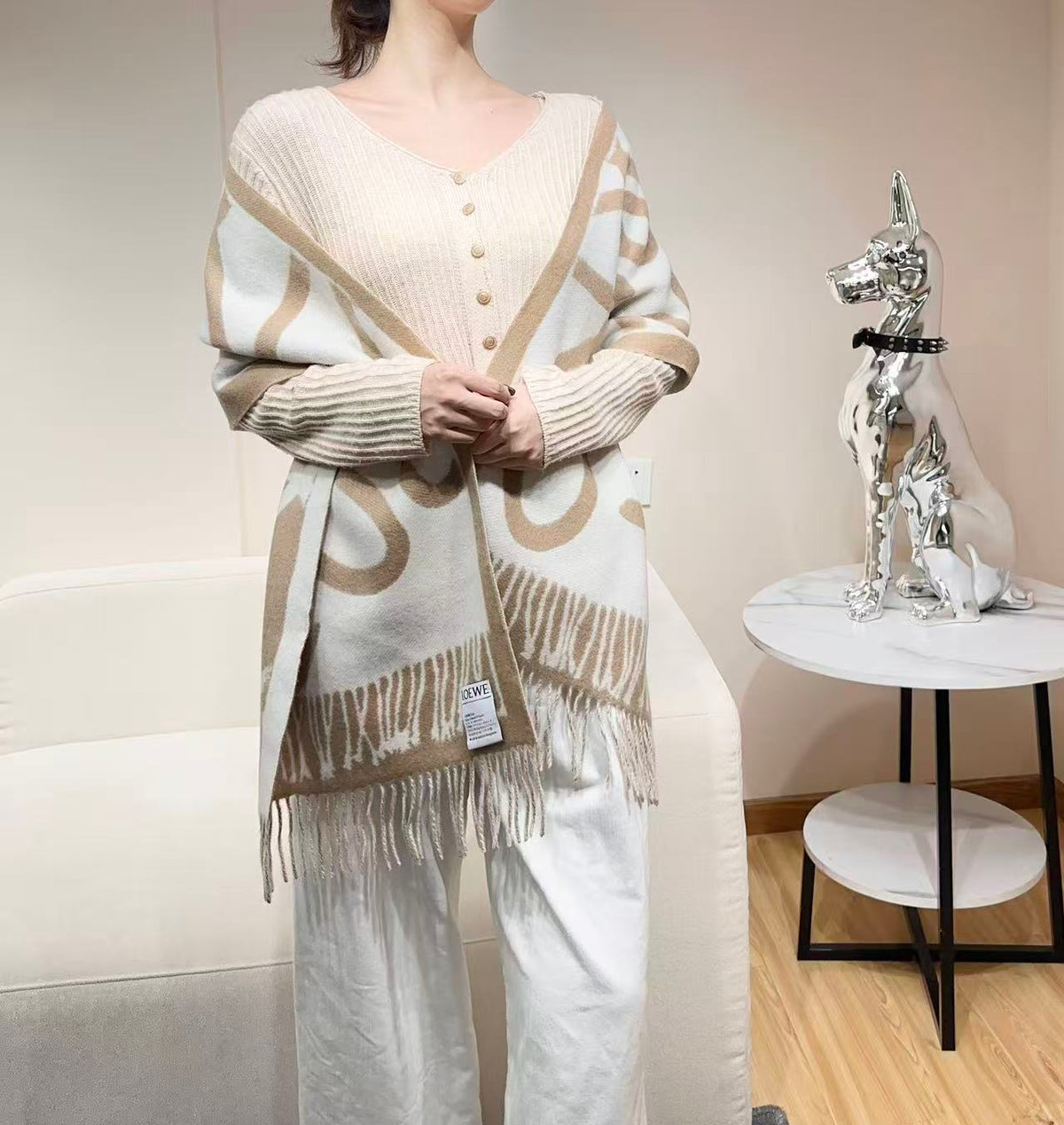 Loewe Scarf 180CM Beige White Cashmere 962789