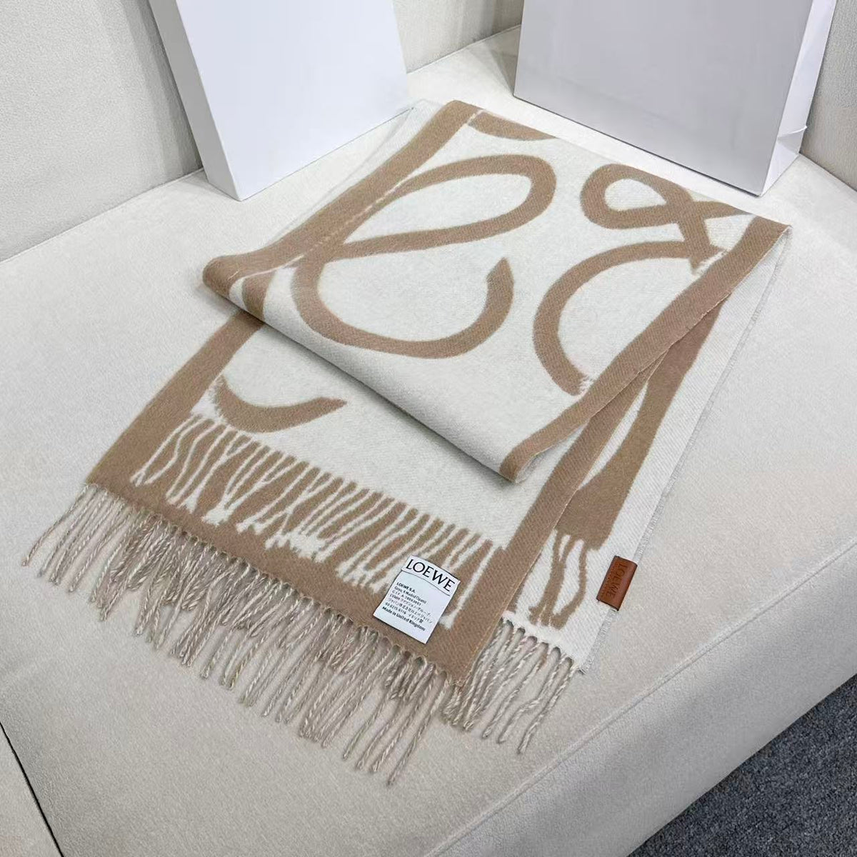 Loewe Scarf 180CM Beige White Cashmere 962789