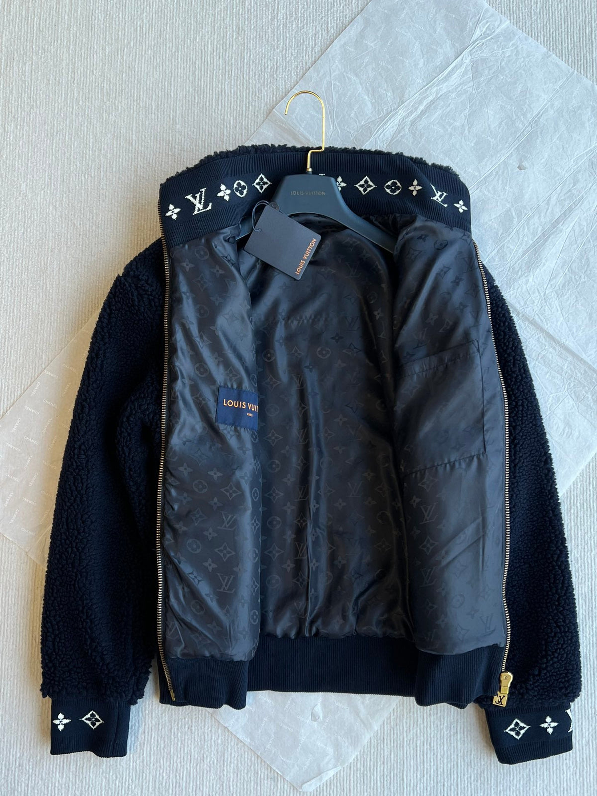 LV 25 Sstand-up Collar Jacket Navy Blue Lambswool Polyester 306749
