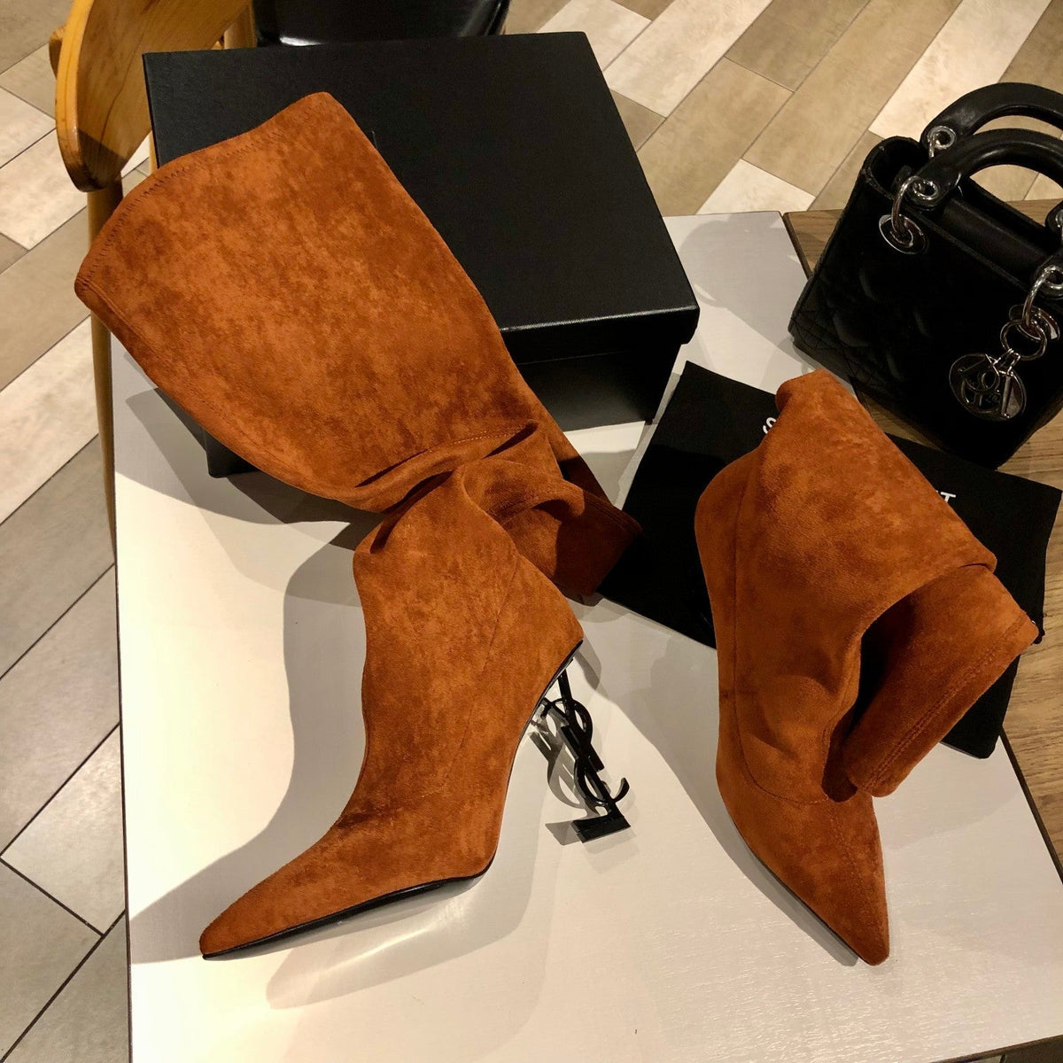 OPYUM THIGH HIGH BOOTS IN BRONZE BROWN VELVET