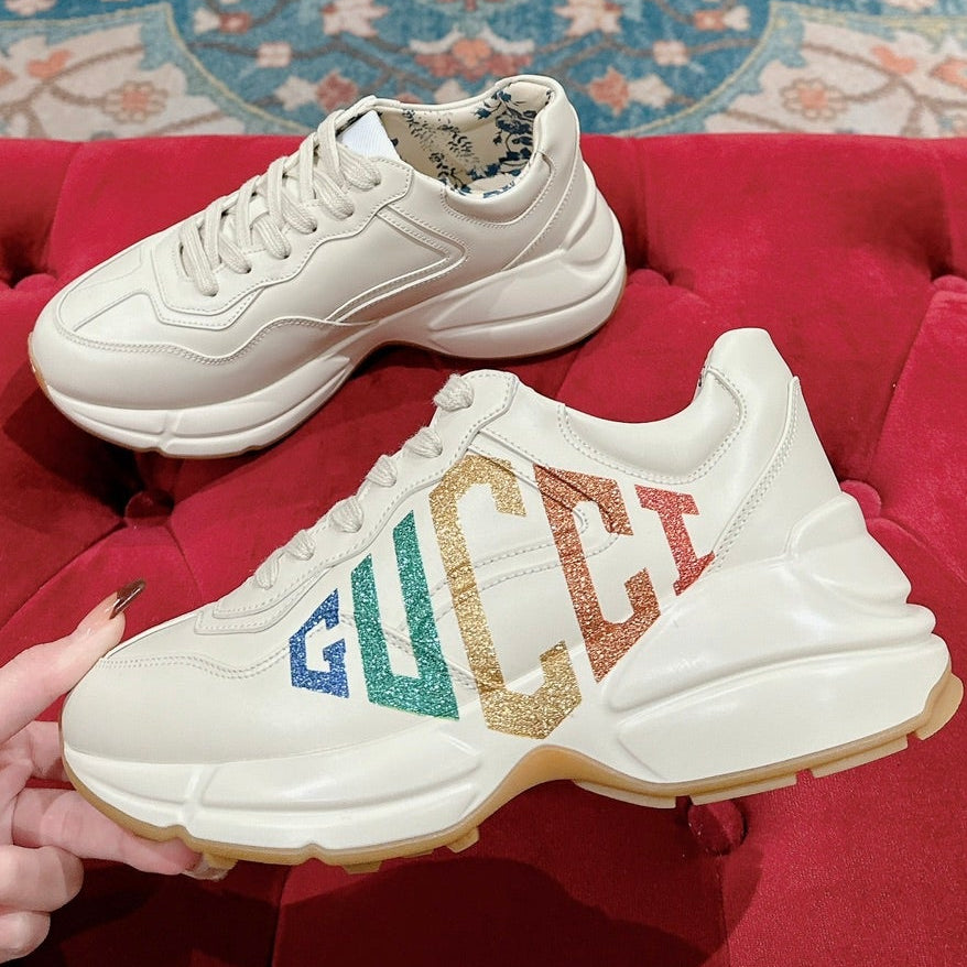 Gucci 2026 Rhyton Sneakers Ivory Cowhide With Rainbow Glitter GG Logo Motif 988866