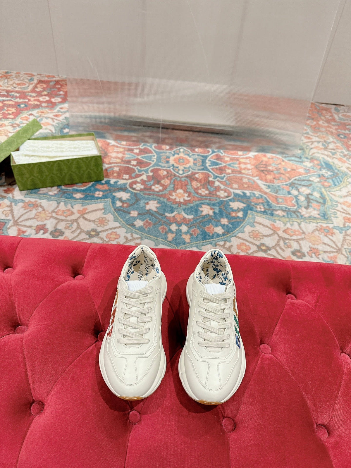 Gucci 2026 Rhyton Sneakers Ivory Cowhide With Rainbow Glitter GG Logo Motif 988866