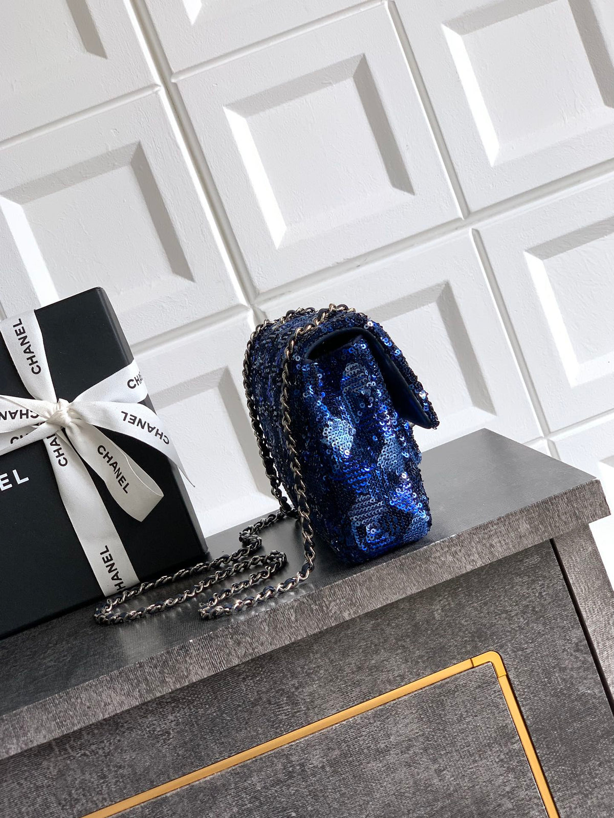 Chanel 2026 Flap Bag 20cm Blue Sequin Leather
