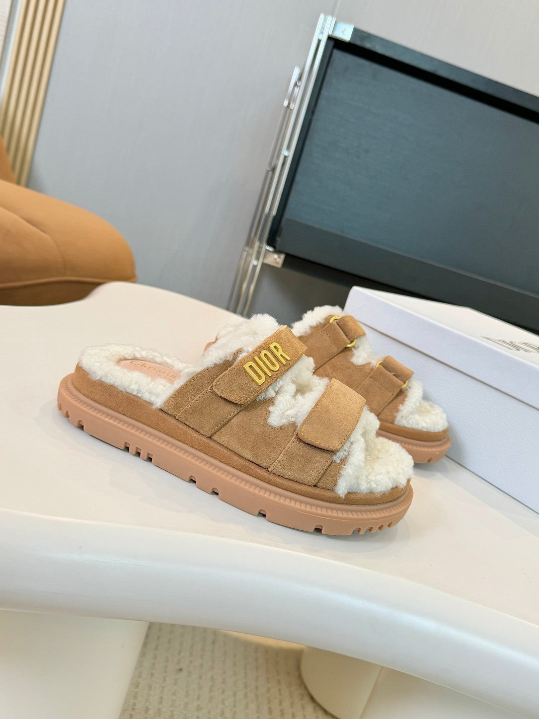 CD Dioract Slide Brown Suede And Fleece Lining