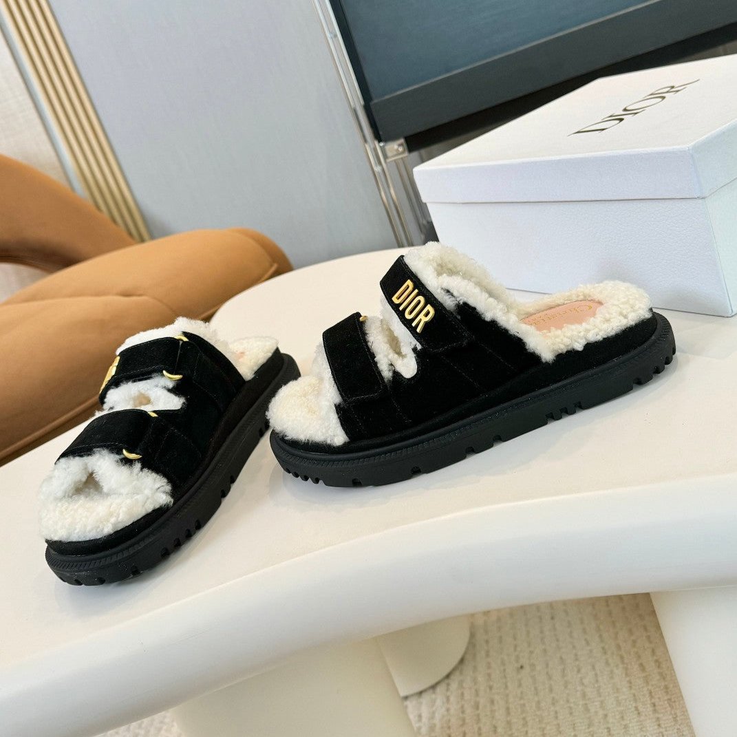 CD Dioract Slide Black Suede And Fleece Lining