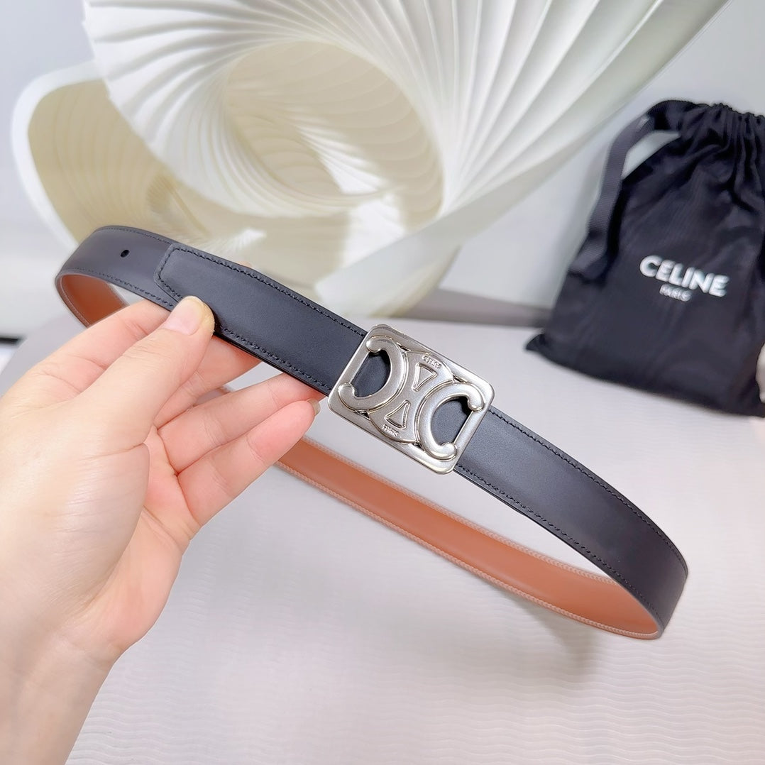 CL MEDIUM 25 MM REVERSIBLE FRAMED TRIOMPHE BELT BLACK AND BRONZE BROWN CALFSKIN SILVER HARDWARE