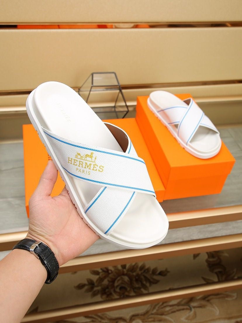 HM Men's Cross Strap Slide White Cowhide 544099