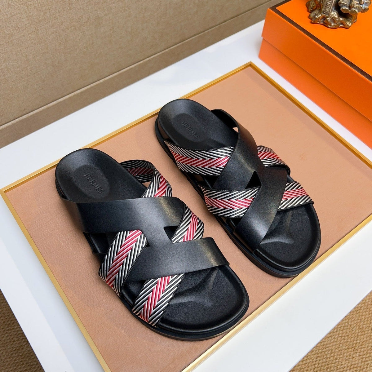 HM Men's Kazimir Sandals Black Red Calfskin 735743