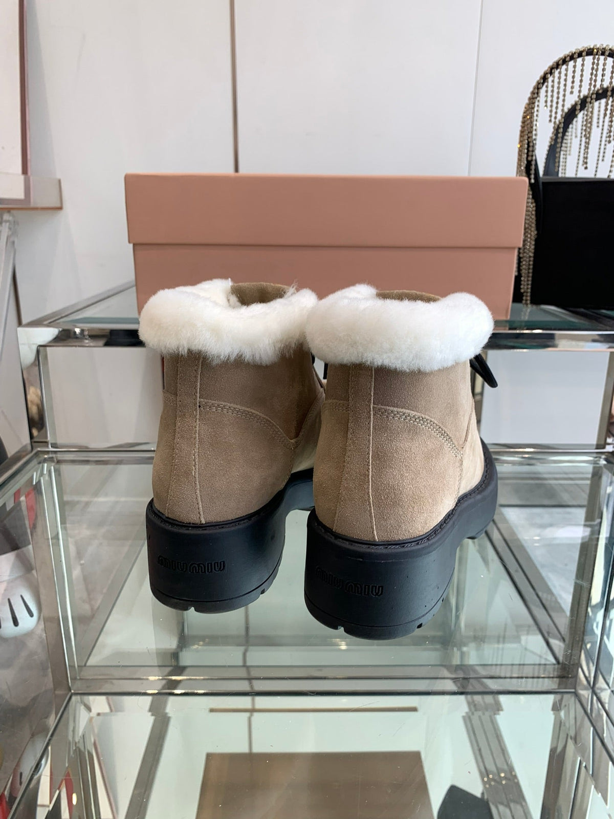 Miu Short Wool Boots Khaki Brown Open-Hemmed Cowhide