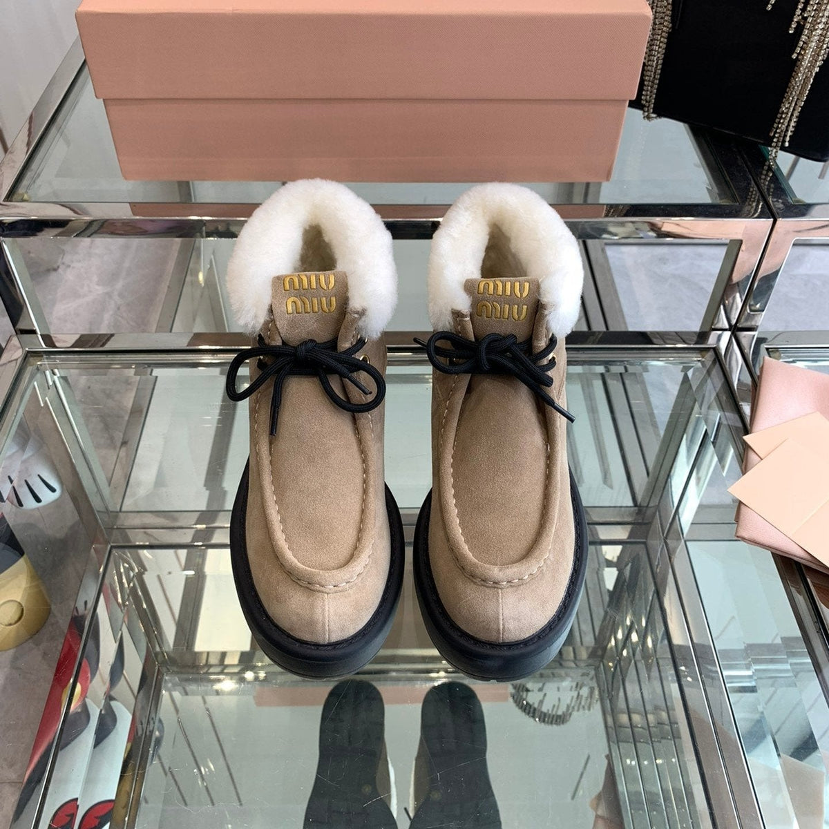 Miu Ankle Boots Khaki Brown Open-Hemmed Cowhide