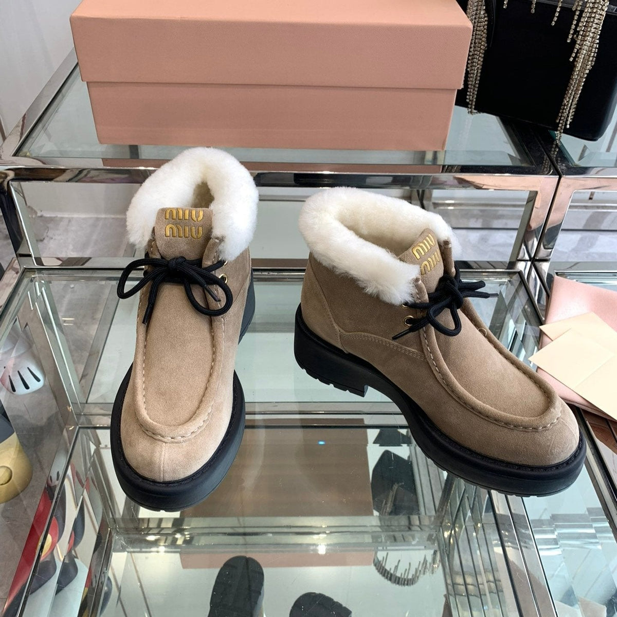 Miu Short Wool Boots Khaki Brown Open-Hemmed Cowhide