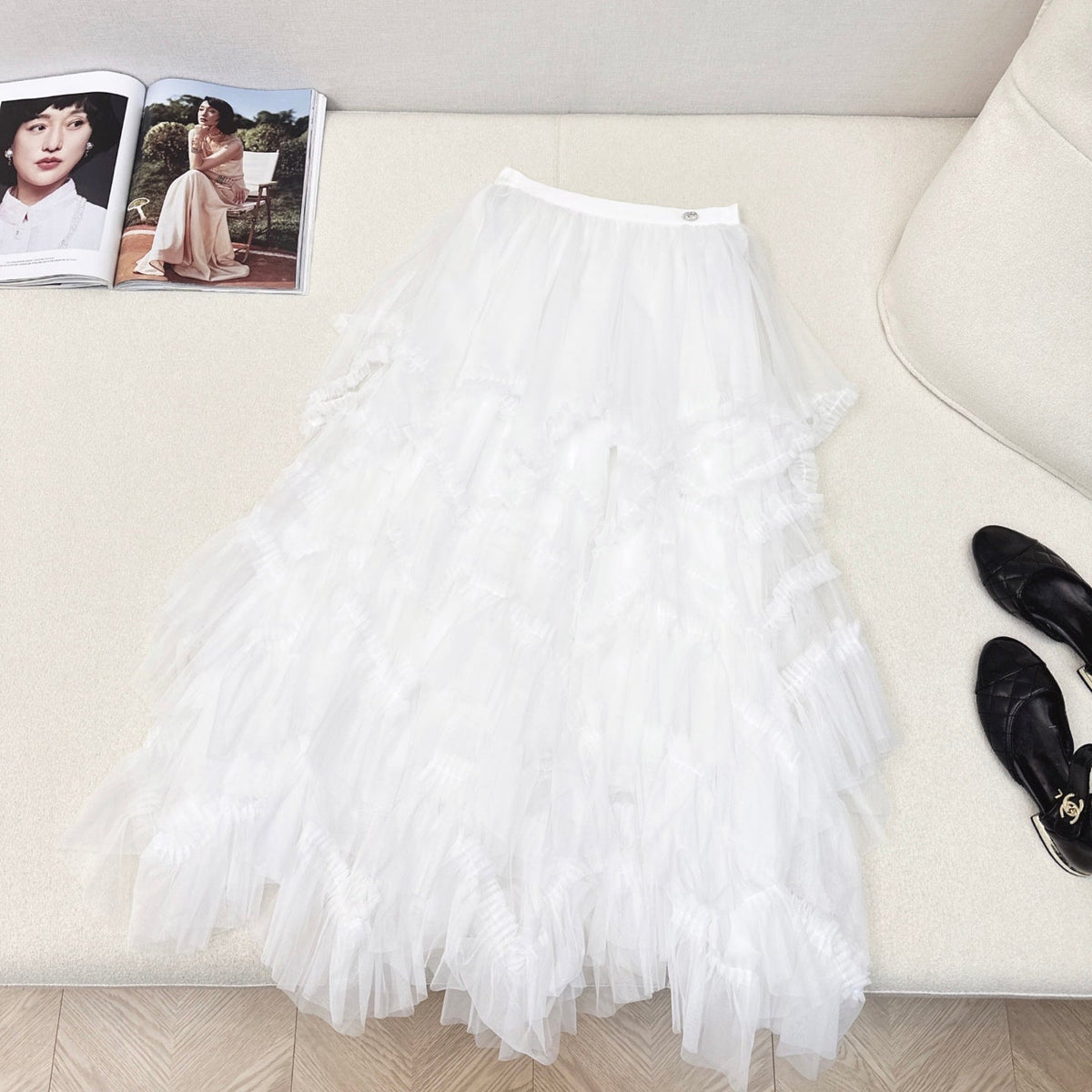 CC 25 Mesh Long Skirt White Polyester Fiber