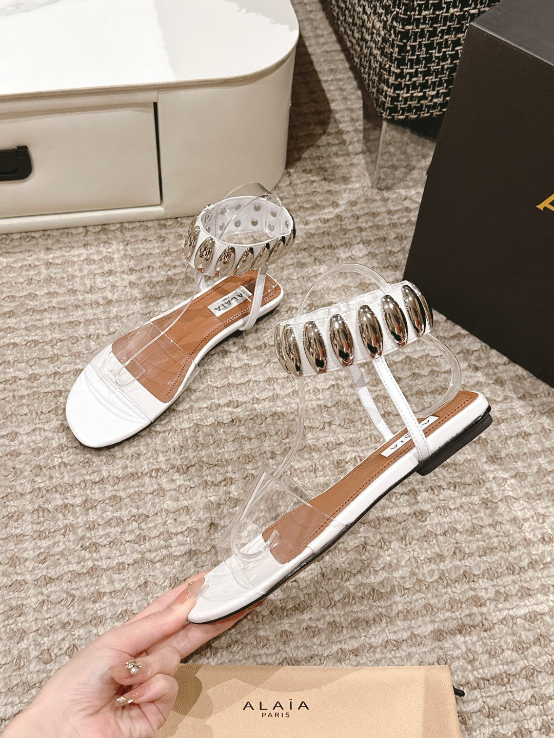 ALAIA SANDAL IN WHITE CALFSKN AND FILM WITH CRYSTAL