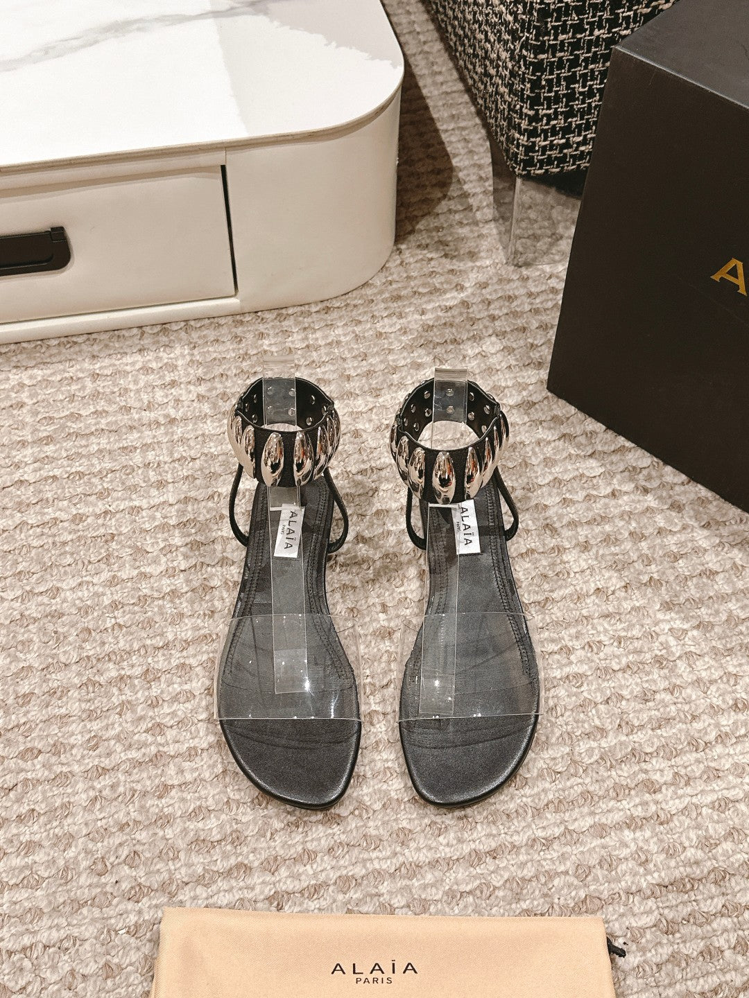 ALAIA SANDAL IN BLACK CALFSKN AND FILM WITH CRYSTAL
