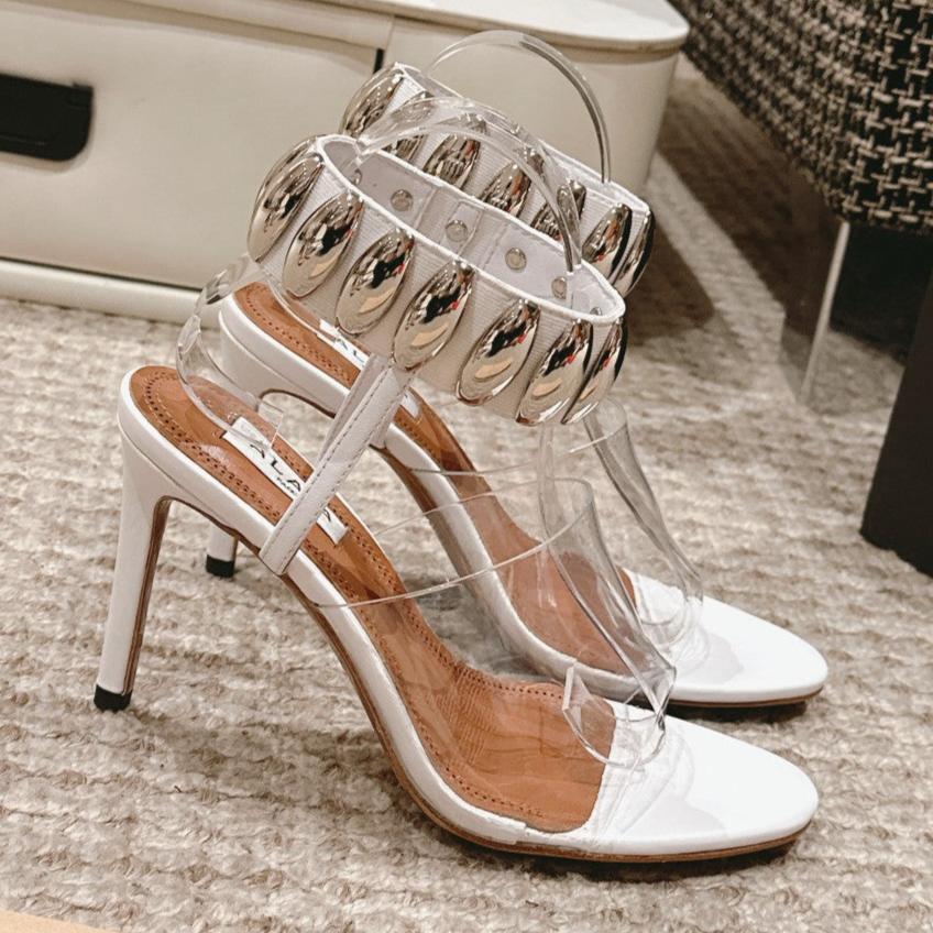 ALAIA HIGH SANDAL IN WHITE CALFSKN AND FILM WITH CRYSTAL