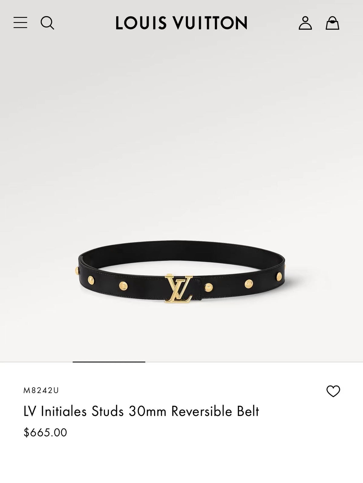 LV INITIALES STUDS 30 MM REVERSIBLE BELT IN BLACK CALFSKIN GOLD HARDWARE